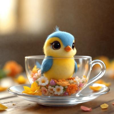 The primary subject of the image is a small yellow bird sitting inside a cup filled with yellow flowers. The setting is a table, and the visual style appears to be a digital art or illustration. The colors and mood of the image are bright and cheerful, with the yellow bird and flowers creating a warm and inviting atmosphere.